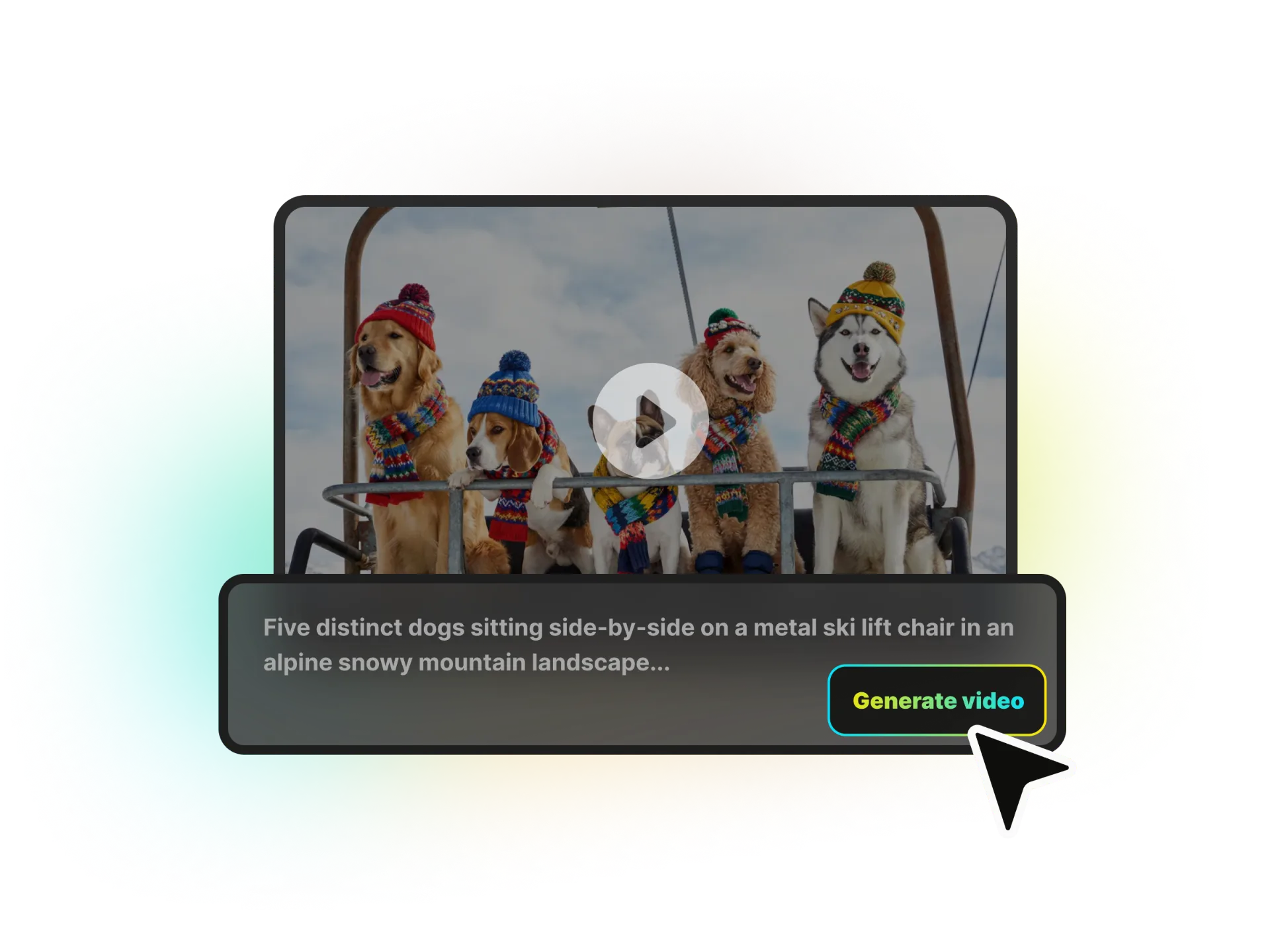 A split screen showing a text prompt on the left and the resulting cinematic video on the right